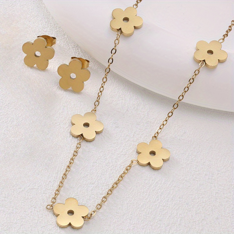 Stainless Steel Flower Necklace and Earrings Set